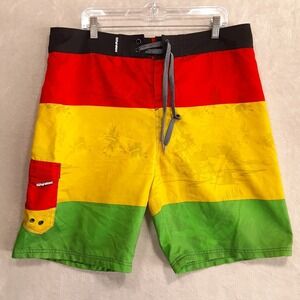 Ocean Current Mens Drawstring Board Shorts Sz.36x9/Red-Yellow-Green/Cargo Pocket